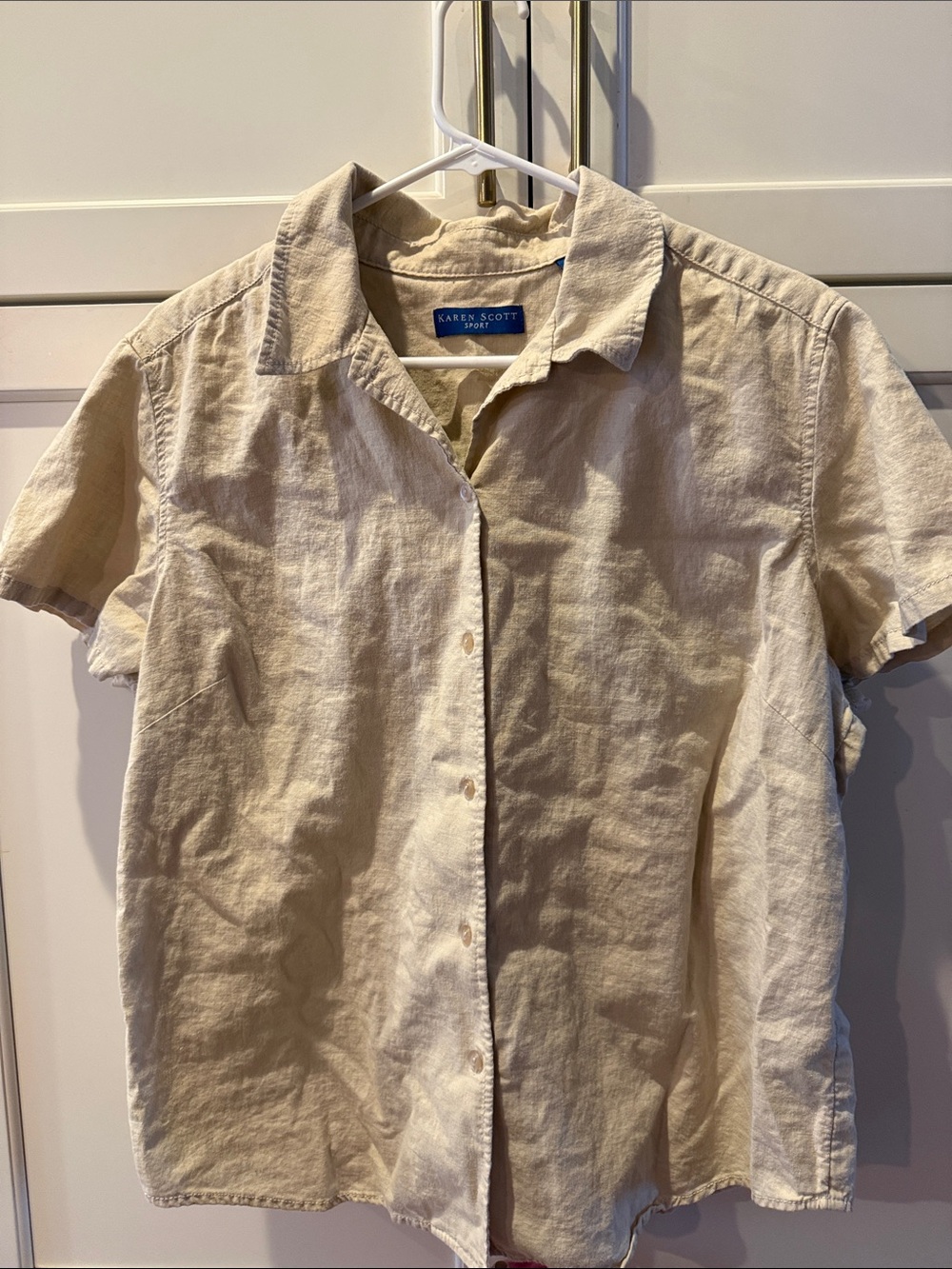 Karen Scott Cream Short-Sleeve Button-Down Linen Shirt XL